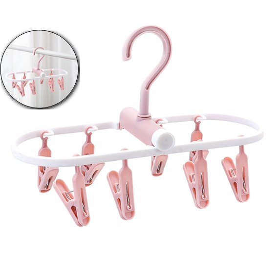 Dvruxg Clothes Drying Hanger with 8 Clips, Folding Portable Hanging Drying Rack, Drip Foldable Hanging Rack, 360° Rotatable Hook for Drying Towels
