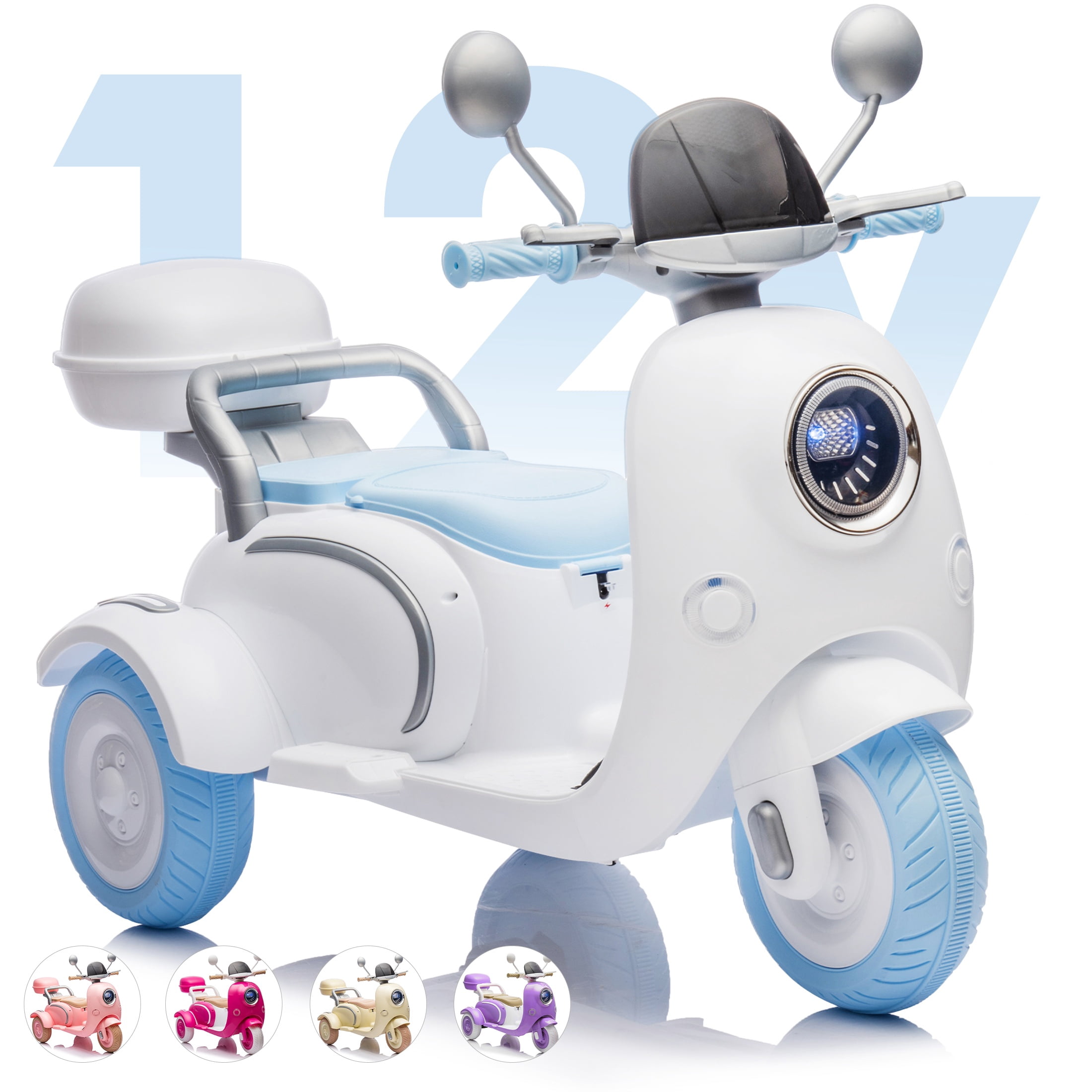 Dvsripa 12V 2 Seater Kids Motorcycle,Three-wheel Toy w/Music,Bluetooth,USB,Backseat flip adult seat,Portable Storage Hooks&Oversized Trunk,LED Headlight For Kids 3-6,Blue
