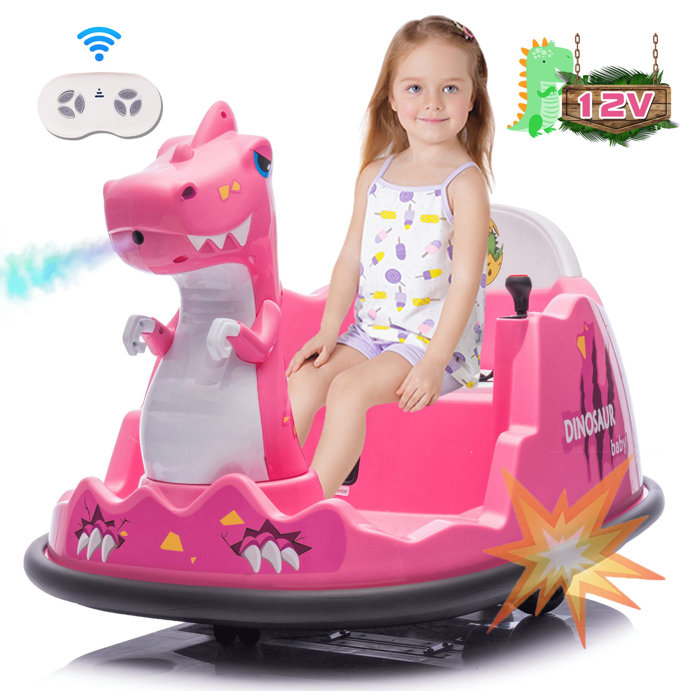 Dvsripa 12V Electric Dinosaur Bumper Car for Kids,Spray Light,360 Degree Rotation,Music,Large Size Seat Ride on Toy with Remote Control for Toddlers 2-5 Years,Pink