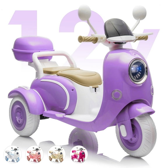 Dvsripa 12V Kids Electric Motorcycle,2 Seater Ride on 3 Wheel Scooter with 2.4G Parental Remote Control,USB,Music,Horn,Light,Big Storage Box,Dual Motor Electric Moped for Kids 3+,Purple