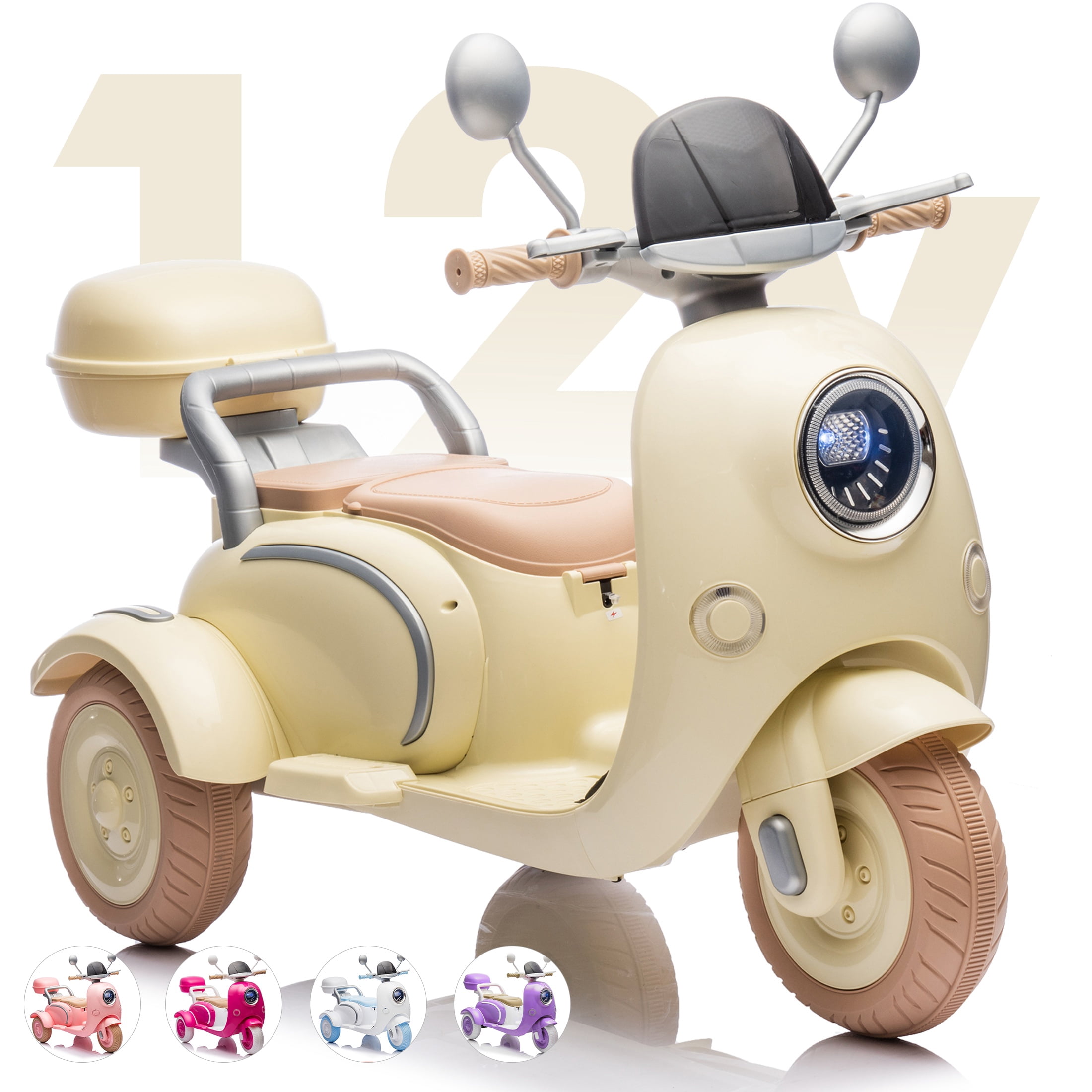 Dvsripa 12V Kids Electric Motorcycle,2 Seater Ride on 3 Wheel Scooter,Multi-function player,USB,Bluetooth,light,Backseat flip adult seat,Oversized Storage Box for kids Aged 3-6,Beige
