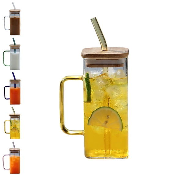 Dvumao 13oz(400ml ) Square Glass Tumbler with Bamboo Lid & Straw, Handle Iced Coffee Cup, Beverage Mug for Cold Drinks