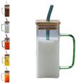 thumbnail image 1 of Dvumao 13oz(400ml ) Square Glass Tumbler with Bamboo Lid & Straw, Handle Iced Coffee Cup, Beverage Mug for Cold Drinks, 1 of 8