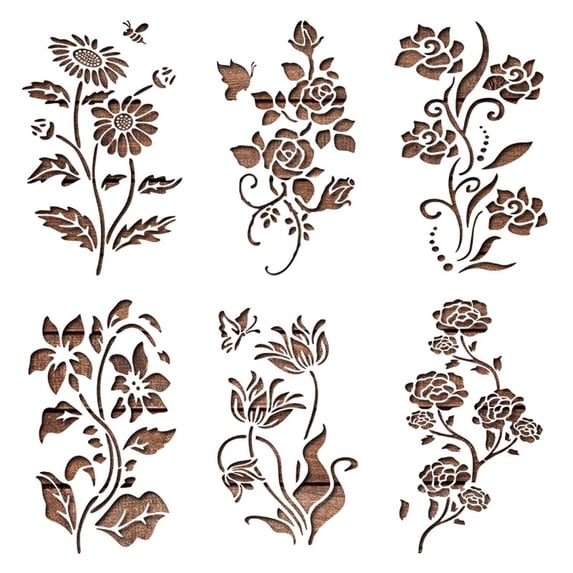 Dvumao 6-Piece Floral Stencil Set, Reusable PET Painting Templates for Wood, Walls, and Garden Fences, Home Decor