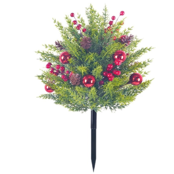 Dvumao Artificial Cedar Pines Christmas Ground Stake with Red Ball Ornaments Berries Pinecones Outdoor Yard Lawns Waterproof Xmas Landscapes Insert Decor Pick
