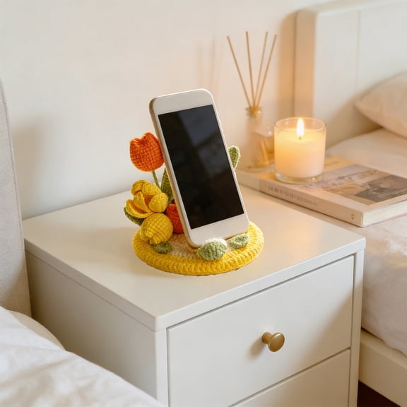 Dvumao Hand-Crocheted Tulip Phone Stand, Yarn Flower Desktop Holder & Ornament, Handmade Desk Decor for Office and Home