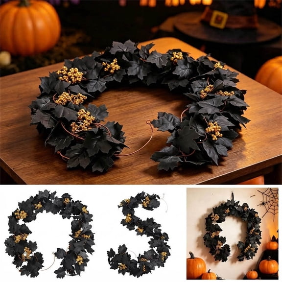 Dvumao Home Decor, Artificial Black Maple Leaf Garland With Gold Berries 80 Inch Fall For Halloween Thanksgiving Home Fireplace Mantle Table Centerpiece Decorations Decor