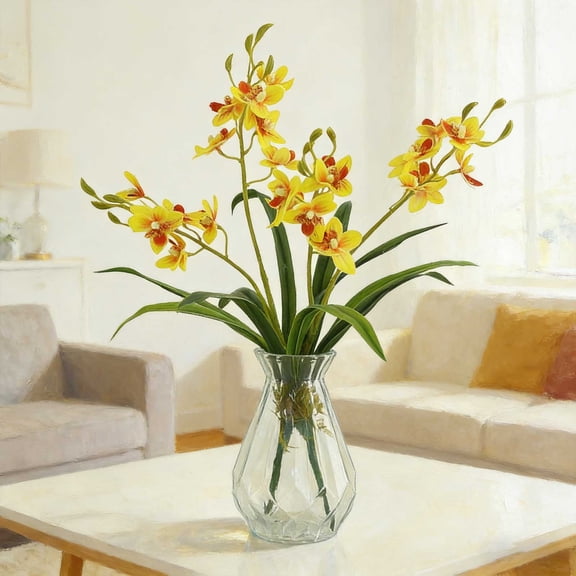 Dvumao Home Decor, Artificial Orchid Faux Cymbidium Orchid In Pot Lifelike Silk Flowers Home Table Centerpiece Fake Potted For Living Room Bedroom, Man Gifts