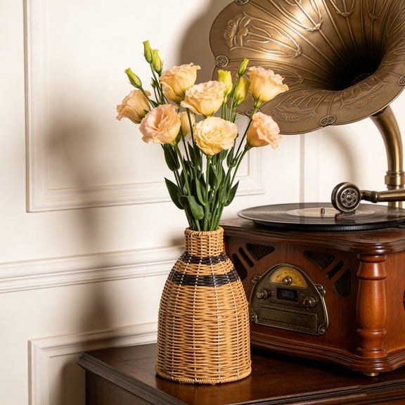 Dvumao Home Decor, Handmade Woven Rattan Plastic Vase Faux Wicker Flower Pot Table Centerpiece Home Decor For Living Room Shelf, Man Gifts
