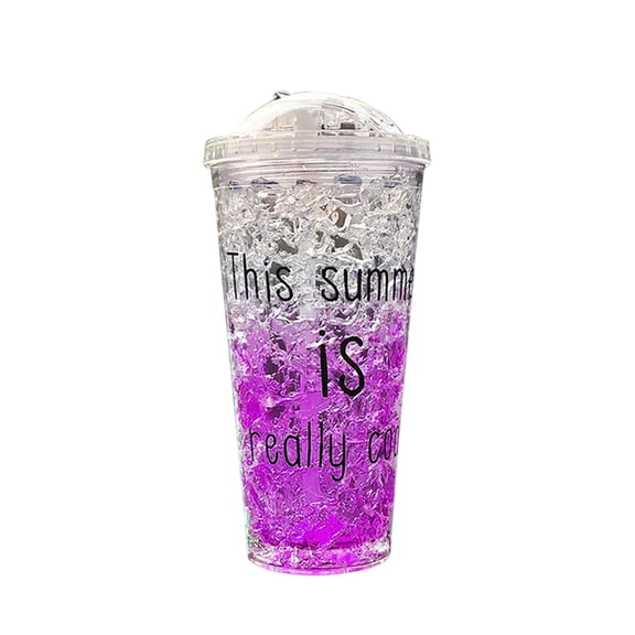 Dvumao Kitchen Accessories, Outdoor Double Layer Plastic Mug Sliding Lid Refrigeration Crushed Ice Mug Summer Double Layer Gel Gift Straw Mug Exquisite Gradient Refrigeration Cups, Gift for Friend