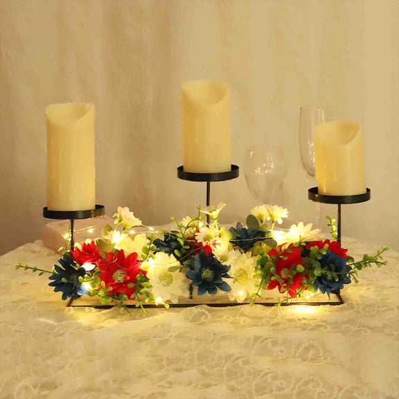 Dvumao Patriotic Chrysanthemum Table Centerpiece with LED Lights, 18.5-Inch Artificial Flower Candelabra for Wedding Party, 4th of July Dinner Decor, Iron Base (Candles NOT Included)