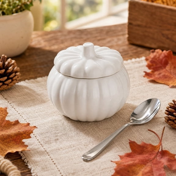 Dvumao Pumpkin Shape Ceramic Serving Bowl, White Halloween Candy Bowl with Lid for Fall Decor