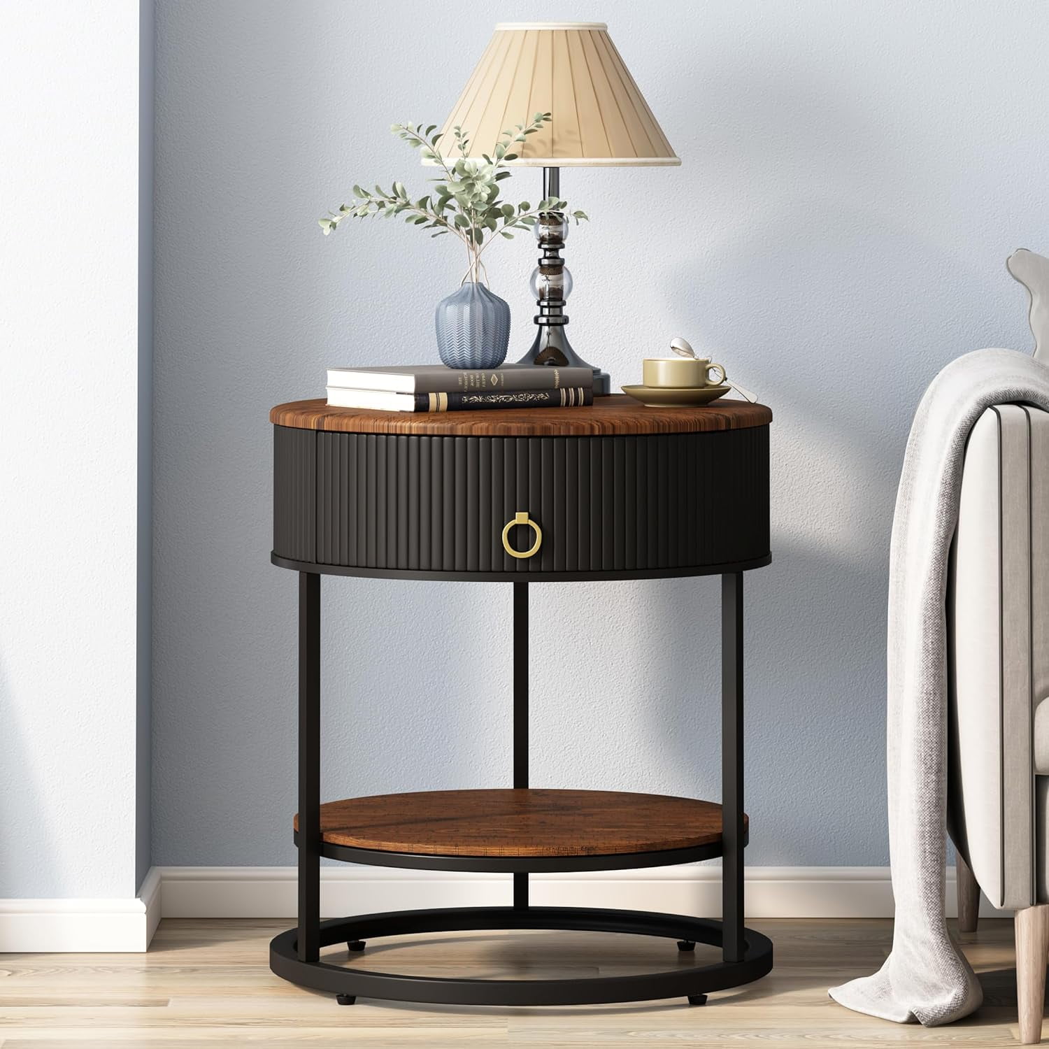 Dwaka Round End Table with Drawer, Modern Wood Grain Side Table with