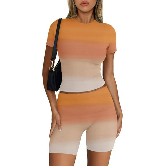 Dwaogom Casual Spring And Summer Women Solid Short Sleevele Round-Neck Blouses Tops Shorts Elastic Waist Sets Cotton Leggings For Women Velvet Flare Pants For Women