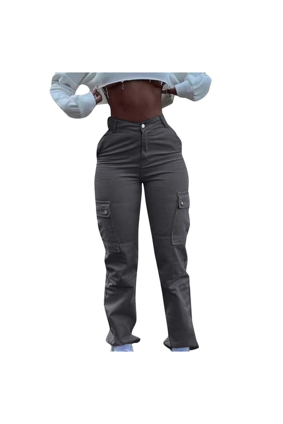 Fashion Women Button Casual Loose Solid Trousers Pockets Zipper Long Pants Stacked Leggings Plus Size Athletic Workout Tactical Quick Dry Pants