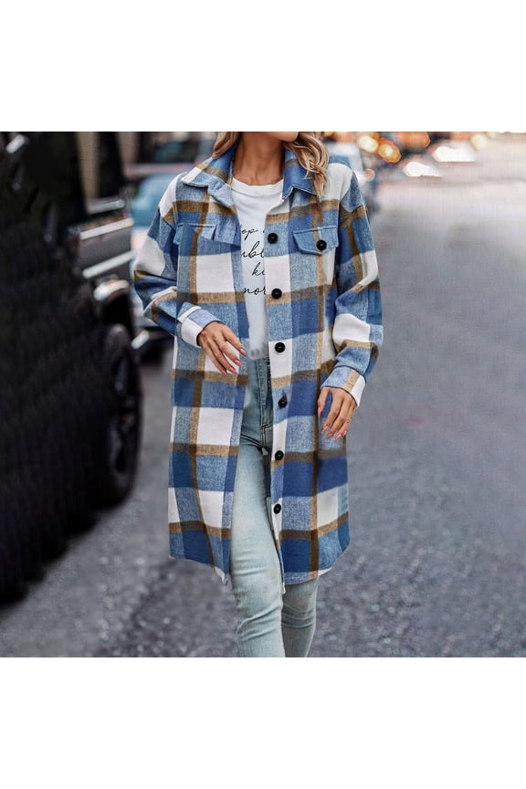 Fashion Women Casual Pockets Long Sleeve Plush Single-Breasted Long Coat Tops Blouse Coat Tweed Coat Long Sleeve Casual Plaid Shacket Jackets Shirts