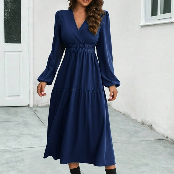 Dwaogom Fashion Women's Casual Long Sleeve Dress V-Neck Ladies Solid Long Dresses Halter Dresses For Women Renaissance Dress Christmas Dresses