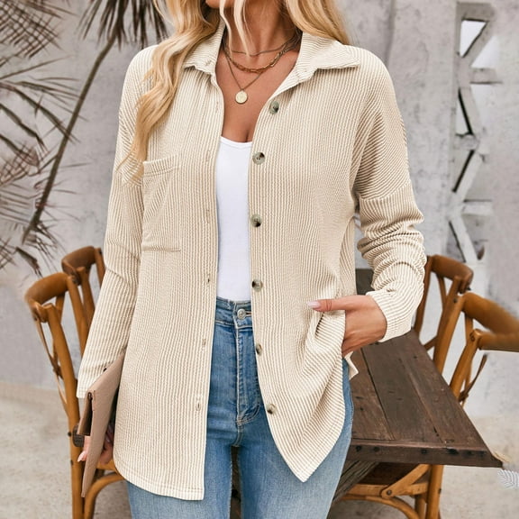 Dwaogom Jackets for Women Lightweight Long Sleeve Button Down Jacket Warm Winter Coat Outerwear Women's Quilted Lightweight Jackets Winter Warm Coats Loose Casual Outwear Tops with Pockets