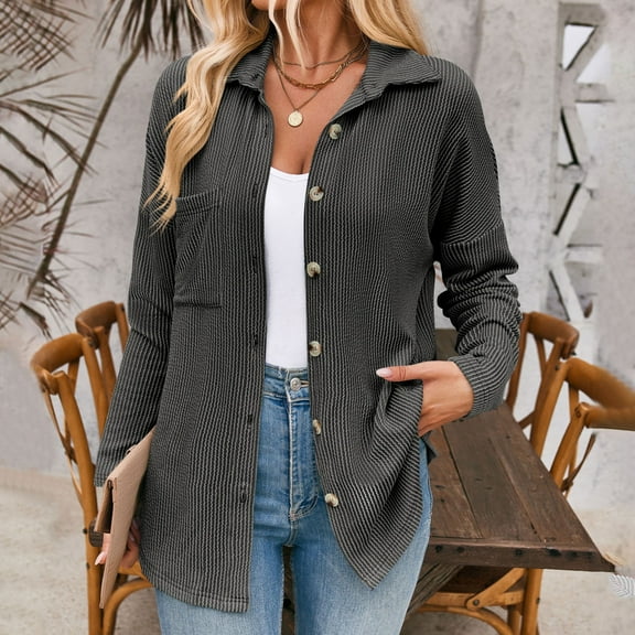 Dwaogom Jackets for Women Lightweight Long Sleeve Button Down Jacket Warm Winter Coat Outerwear Women's Quilted Lightweight Jackets Winter Warm Coats Loose Casual Outwear Tops with Pockets
