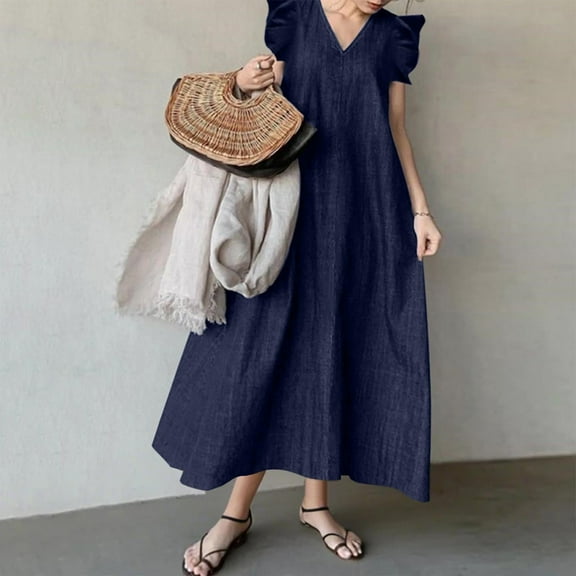 Dwaogom Ladies Temperament Commuting Fashion Loose Fitting Denim Short Sleeve Long Dress Plus Size Dress Fall Dresses For Women 2024 Ruched Dresses For Women