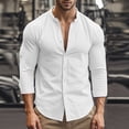 thumbnail image 1 of Dwaogom Men Linen Shirt Button Down Long Sleeve Cotton Beach Band Collar Casual Summer Shirts Men's Solid Color Stand Up Collar Button T-shirt Long Sleeved Cardigan Shirt, 1 of 9