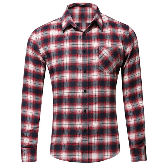 Dwaogom Men's Button Down Fit Long Sleeve Plaid Flannel Casual Shirts Man Plush Casual Plaid Single Pocket Button Long Sleeve Turndown Collar Shirt