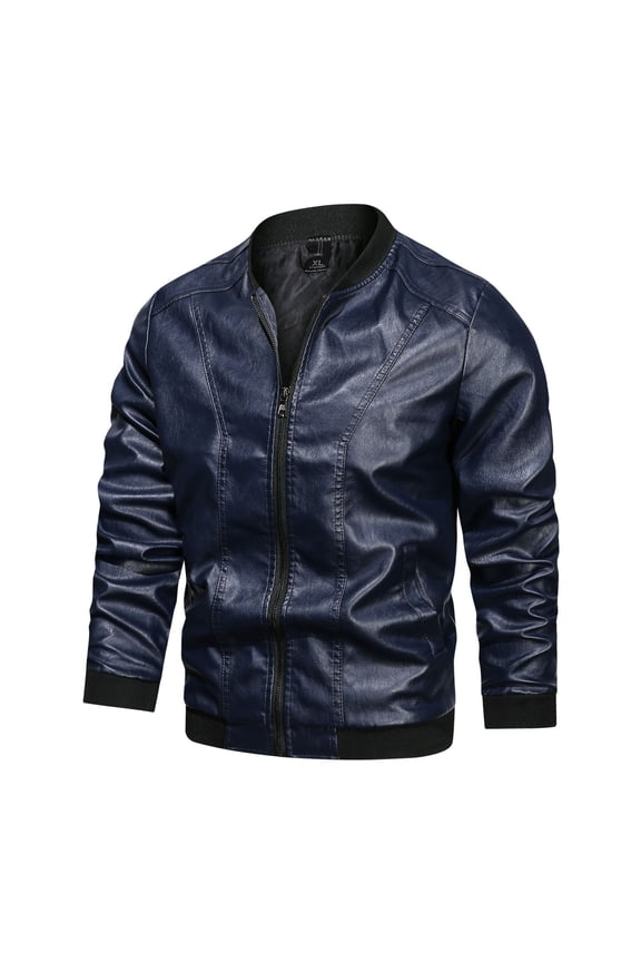 Mens Casual Slim Fit Leather Jacket Fall Winter Leather Bomber Jackets Baseball Uniform
