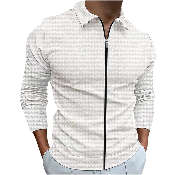 Dwaogom Mens Long Sleeve Zipper Shirts Waffle Slim Solid Lapel Collar Polo Shirt Spring Fall Casual Buisness Golf Sport Shirt Tops