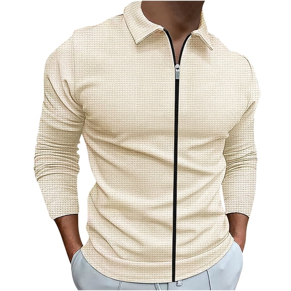 Dwaogom Mens Long Sleeve Zipper Shirts Waffle Slim Solid Lapel Collar Polo Shirt Spring Fall Casual Buisness Golf Sport Shirt Tops