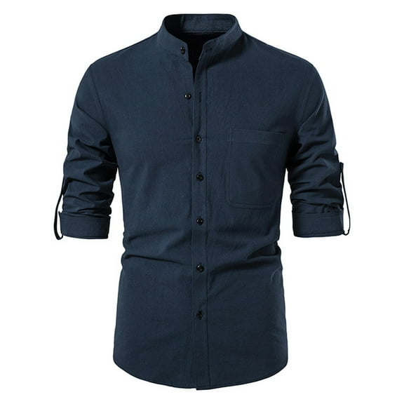 Dwaogom Spring And Summer Men's Cotton Linen Shirt Long Sleeve Casual Stand Collar Shirt Mens Long Sleeve Workout T-Shirts Fashion Polo Shirts For Men