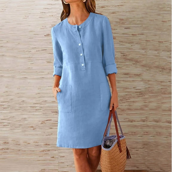 Dwaogom Tshirt Dress Women, Button Up Shirt Dresses with Pockets Round Neck Linen 2024 Oversized Dress