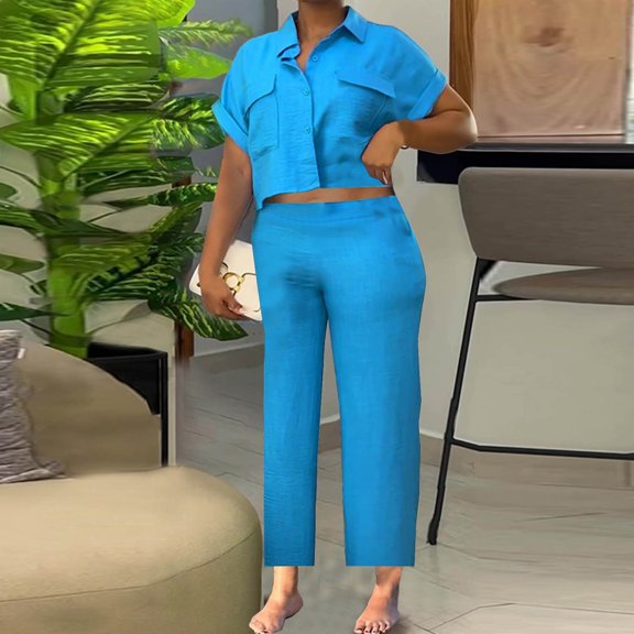 Dwaogom Women Casual Loose Home Solid Color Pocket Zipper Pants Button Short Sleeve Turndown Collar Set 3/4 Compression Pants Women Summer Boho Wide Leg Pants