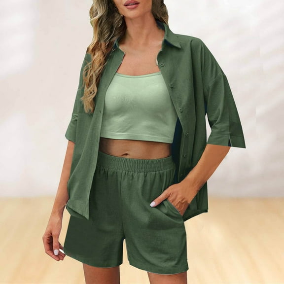 Dwaogom Women Casual Loose Home Solid Color Shorts Short Sleeve Turndown Collar Set Women Outfits Sweatsuit Outfits For Women Lounge Sets