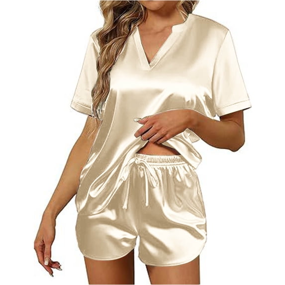 Dwaogom Women Casual Loose Home Solid Color Shorts Short Sleeve V-Neck Blouses Sets Women Outfits Sweatsuit Women Outfits Sweatsuit