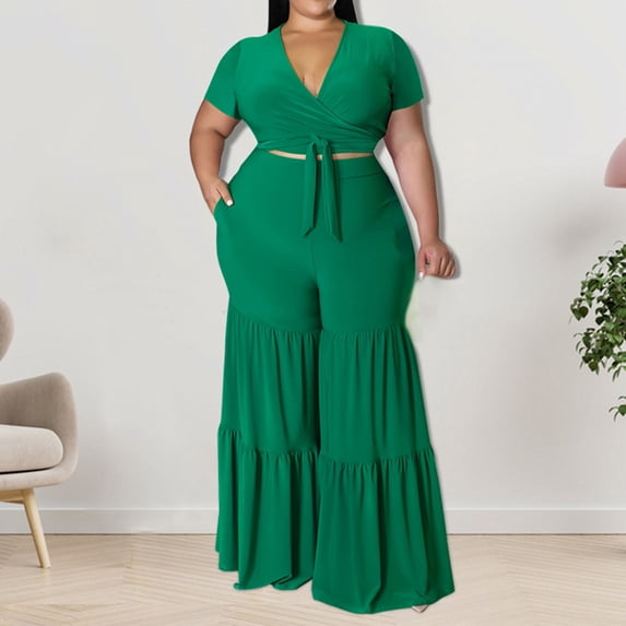 Dwaogom Women Casual Loose Solid Color Plus Size Wide Leg Pants Lace Up Short Sleeve V-Neck Blouses Sets Women Lounge Sets Long Pant Loungewear Workout Athletic Tracksuits