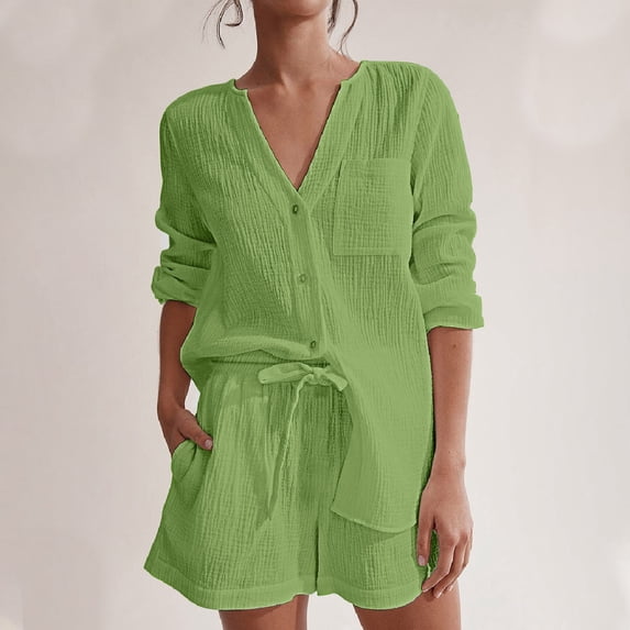 Dwaogom Women Casual Solid Color Drawstring Shorts Buttons Long Sleeved V-Neck Blouses Set Summer Sweatsuits Matching Jogger Sets Women Outfits
