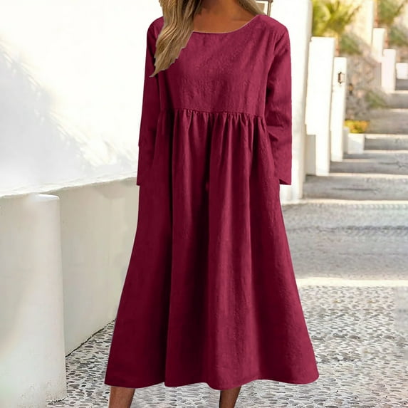 Dwaogom Women Color Long Sleeved Round Neck Dress With Pocket Halter Dresses For Women Womens Velvet Dress 1950s Wedding Guest Dress