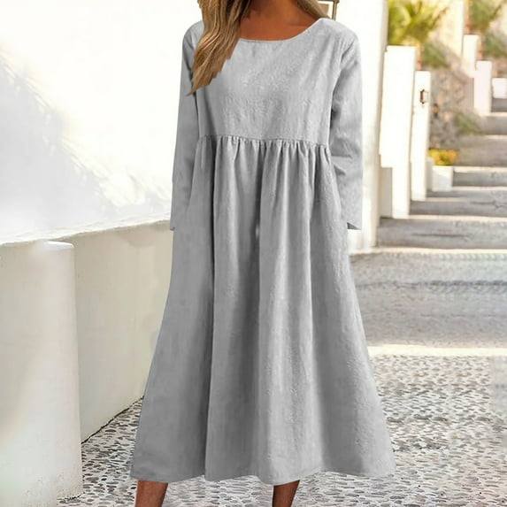 Dwaogom Women Color Long Sleeved Round Neck Dress With Pocket Halter Dresses For Women Womens Velvet Dress Fifties Dresses