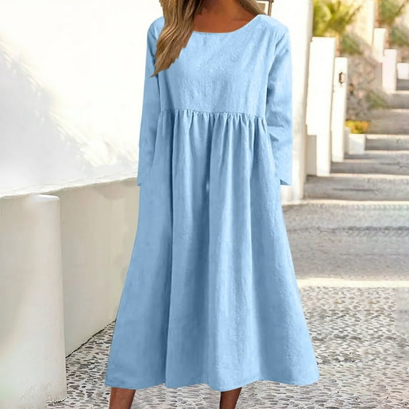 Dwaogom Women Color Long Sleeved Round Neck Dress With Pocket Halter Dresses For Women Womens Velvet Dress Girls Dresses 7-16 White