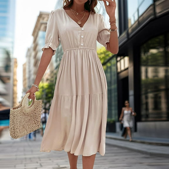 Dwaogom Women Fashion Fallow Solid Short Sleeve V-Neck High Waist Dress Plus Size Dress Wedding Dresses 50s Retro Style Halterneck Dress