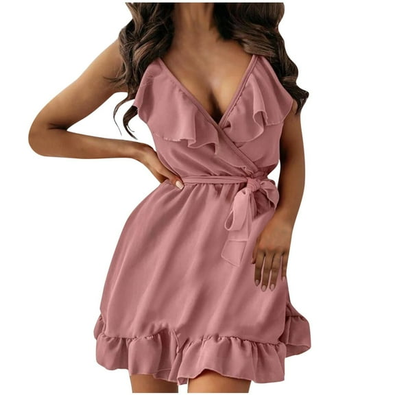 Dwaogom Women Fashion Fallow Suspenders Sleeveless Solid Middle Waist V-Neck Dress Plus Size Dress Short Summer Dresses Print Boho House Dress With Pockets