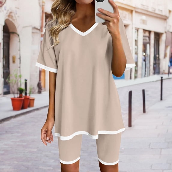 Dwaogom Women Fashion V-Neck Blouse Short Sleeve Tops Shorts Casual Suit Pant Sets Women Lounge Sets Women Outfits Sweatsuit