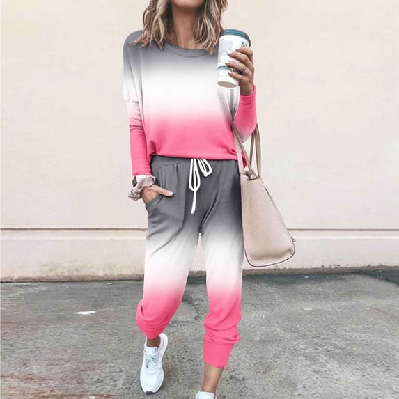Dwaogom Women Loose Two-piece Sets Solid Long Sleeve Tops Casual Pants Sweatsuit Short Sweater Outfits Sets Womens Half Zip Pullover