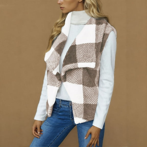 Dwaogom Women Plaid Vest Lapel Open Front Sleeveless Jacket Outerwear Cardigan Women's winter Plaid Print sleeveless jacket cardigan Open Front Teddy Coat with Pockets
