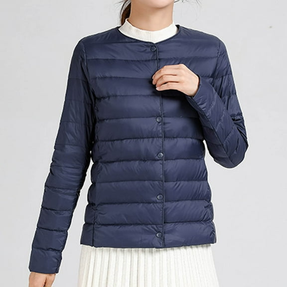 Dwaogom Women'S Ultra Light Weight Short Down Jacket Solid Color Lightweight Down Jacket Round Neck Short Jacket Long Sleeved Cotton Jacket
