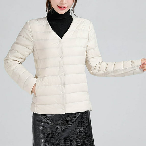 Dwaogom Women'S Ultra Light Weight Short Down Jacket Solid Color Lightweight Down Jacket Round Neck Short Jacket Long Sleeved Cotton Jacket