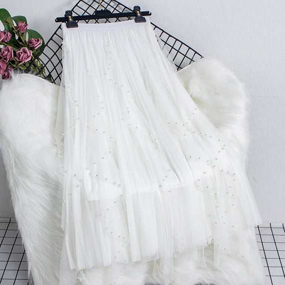 Dwaogom Women Tutu Tulle Skirt High Waist Mesh Tiered Layered Half Skirt Short Prom Party Midi Skirt Woman Temperament High Waist Slim Beading A-Line Irregular Net Yarn Puffy Skirt