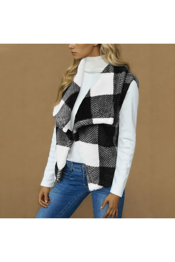 Women Vest Lapel Open Front Buffalo Plaid Sleeveless Cardigan Jacket Coat