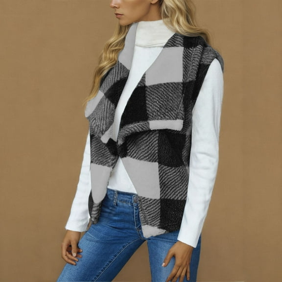 Dwaogom Women Vest Lapel Open Front Buffalo Plaid Sleeveless Cardigan Jacket Coat