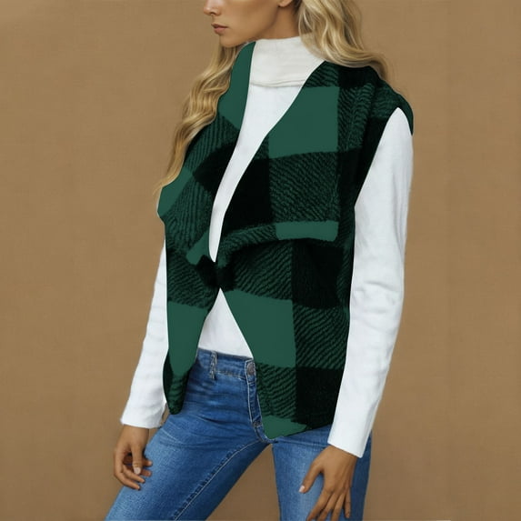 Dwaogom Women Vest Lapel Open Front Buffalo Plaid Sleeveless Cardigan Jacket Coat